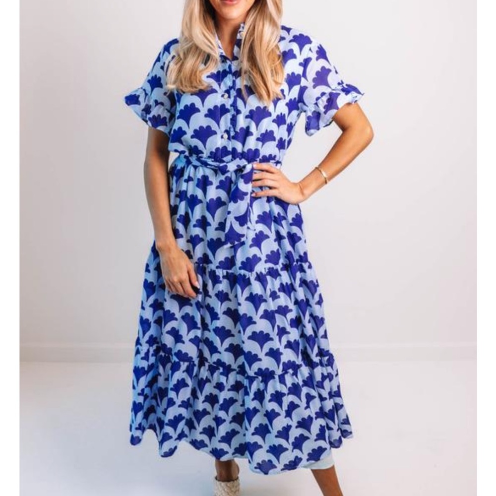 Tie waist midi dress with ruffle sleeves and collar